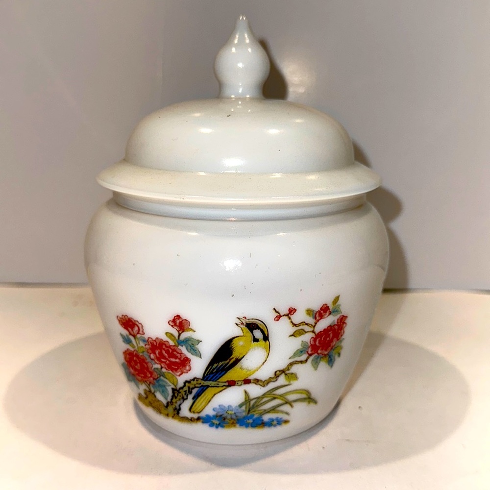 Vintage Avon Milk Glass with Lid Yellow Bird and Floral Design